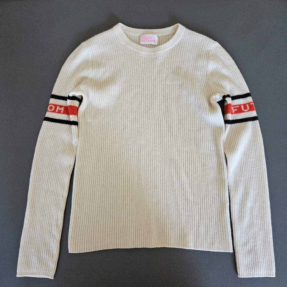 FROM FUTURE Women's 100% Cashmere Ribbed Sweater Cream Racing Stripe Small Hole